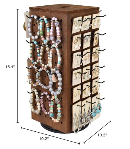 MOOCA Wooden Rotating Four-Sided Pegboard Jewelry Accessories Rack, Rotating Jewelry Display with a Lid for Large Inner Storage Space, 48 Removable Black Hooks, Brown Color