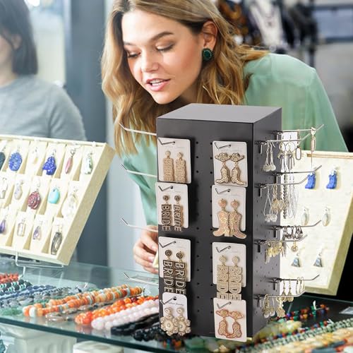 Magibag Pegboard Display Stand with 24 Hooks 4 Sided Rotating Earring Jewelry Display Stand Racks for Keychain Craft Shows Vendors Retail Selling (Black, 7"x7"x15")