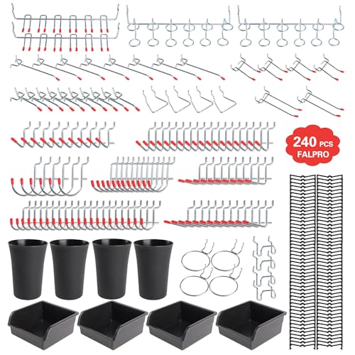 FALPRO 240PCS Pegboard Hooks Assortment, Pegboard Accessories Organizer Kit with Pegboard Bins, Pegboard Cups, 1/8 and 1/4 inch Peg Board Hooks for Hanging Tools, Garage Pegboard Wall Organization