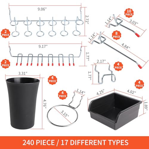 FALPRO 240PCS Pegboard Hooks Assortment, Pegboard Accessories Organizer Kit with Pegboard Bins, Pegboard Cups, 1/8 and 1/4 inch Peg Board Hooks for Hanging Tools, Garage Pegboard Wall Organization