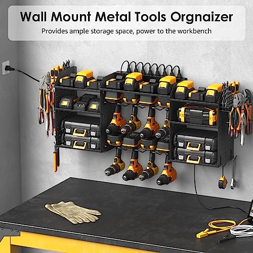 CCCEI Black Large Tools Organizer Wall Mount Charging Station, 39 Inch Long Power Tool Battery Storage Rack with 6FT Power Strip. 8 Drill Holder, Garage Utility Shelves. Pegboard Hanging Extension.