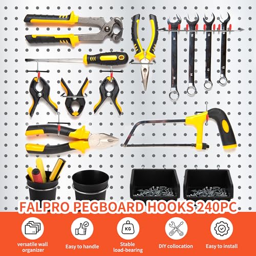 FALPRO 240PCS Pegboard Hooks Assortment, Pegboard Accessories Organizer Kit with Pegboard Bins, Pegboard Cups, 1/8 and 1/4 inch Peg Board Hooks for Hanging Tools, Garage Pegboard Wall Organization