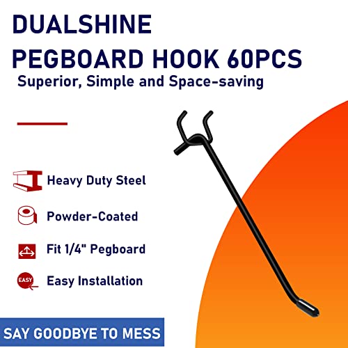 Dualshine 60Pcs Black Pegboard Hooks, 2/4/6 Inch Pegboard Wall Hook Heavy Duty PegBoard Shelving Hook Fit 1/4" PegBoard Metal Hanging Pegboard Display Hook Holder Organizer for Kitchen Store