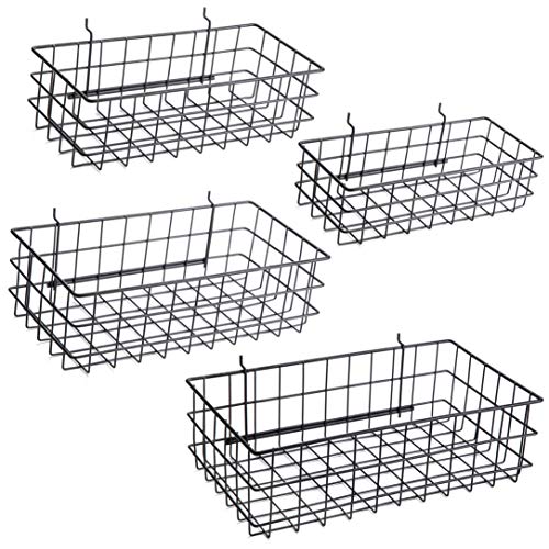 Pegboard Baskets, Set of 4 Black - Hooks to Any Peg Board - Square Style Wire Shelf Baskets - Organize Tools, Workbench, Accessories, Garage Storage - Wall Organizer Attachments