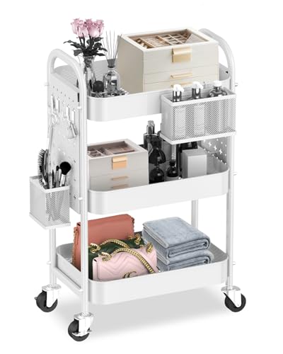 ALVOROG 3 Tier Rolling Cart with DIY Pegboards Metal Utility Cart with Wheels Handles Baskets Hooks, Storage Cart for Office Kitchen Bathroom(White)