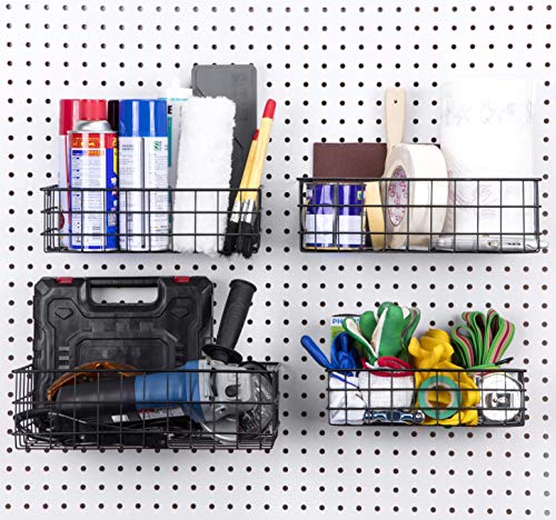 Pegboard Baskets, Set of 4 Black - Hooks to Any Peg Board - Square Style Wire Shelf Baskets - Organize Tools, Workbench, Accessories, Garage Storage - Wall Organizer Attachments