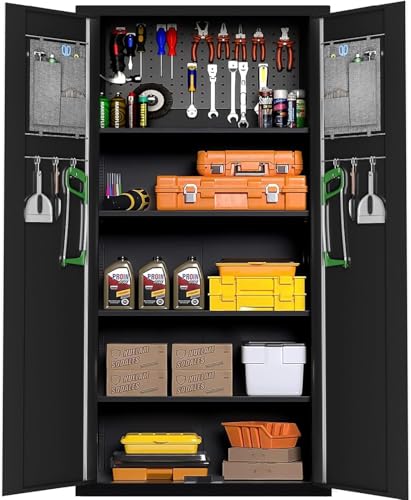 INTERGREAT Storage Cabinet, Metal Storage Cabinet with 2 Doors and 4 Movable Shelves, 72" Steel Lockable Tool Cabinets with Pegboard for Office, Home, Warehouse, Garage