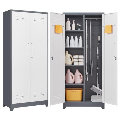 72.8"H Broom Closet, Broom Closet Storage Cabinet, Utility Closet for Brooms and Mops, Cleaning Metal Storage Cabinet with Pegboard and Hanging Rod, Metal Cabinet with Adjustable Shelves，Gray+White