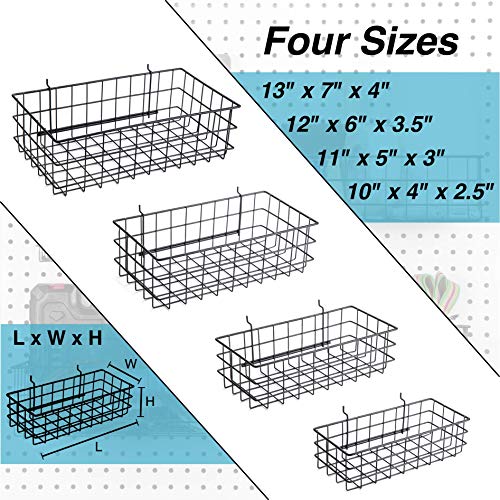 Pegboard Baskets, Set of 4 Black - Hooks to Any Peg Board - Square Style Wire Shelf Baskets - Organize Tools, Workbench, Accessories, Garage Storage - Wall Organizer Attachments