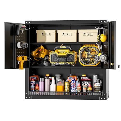 Greenvelly Metal Wall Cabinet with Locking Door, Black Wall Mounted Metal Storage Cabinet with Pegboard and Adjustable Shelf, Steel Tool Cabinet for Garage, Basement, Kitchen, Warehouse