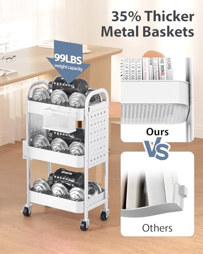 ALVOROG 3 Tier Rolling Cart with DIY Pegboards Metal Utility Cart with Wheels Handles Baskets Hooks, Storage Cart for Office Kitchen Bathroom(White)
