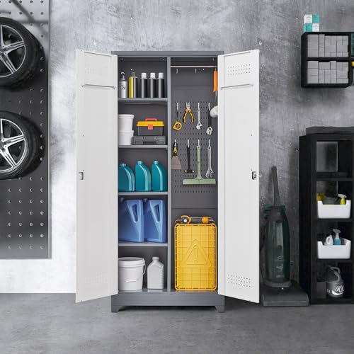 72.8"H Broom Closet, Broom Closet Storage Cabinet, Utility Closet for Brooms and Mops, Cleaning Metal Storage Cabinet with Pegboard and Hanging Rod, Metal Cabinet with Adjustable Shelves，Gray+White