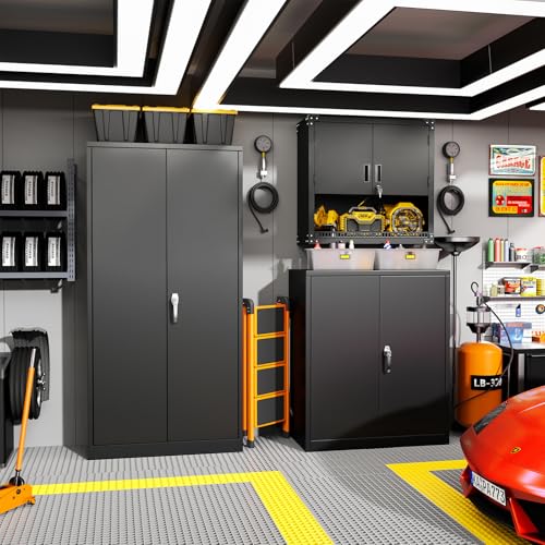 Greenvelly Metal Wall Cabinet with Locking Door, Black Wall Mounted Metal Storage Cabinet with Pegboard and Adjustable Shelf, Steel Tool Cabinet for Garage, Basement, Kitchen, Warehouse