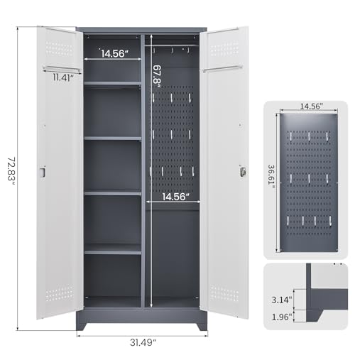 72.8"H Broom Closet, Broom Closet Storage Cabinet, Utility Closet for Brooms and Mops, Cleaning Metal Storage Cabinet with Pegboard and Hanging Rod, Metal Cabinet with Adjustable Shelves，Gray+White