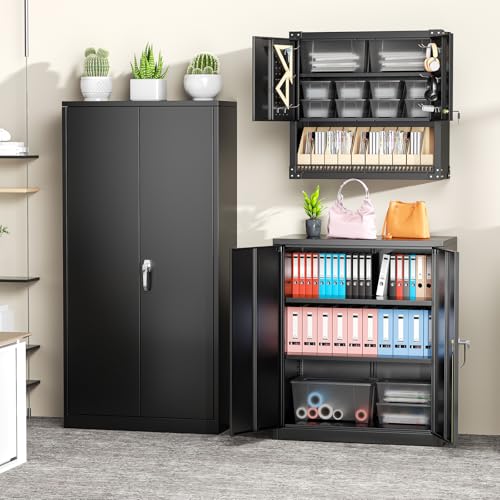 Greenvelly Metal Wall Cabinet with Locking Door, Black Wall Mounted Metal Storage Cabinet with Pegboard and Adjustable Shelf, Steel Tool Cabinet for Garage, Basement, Kitchen, Warehouse