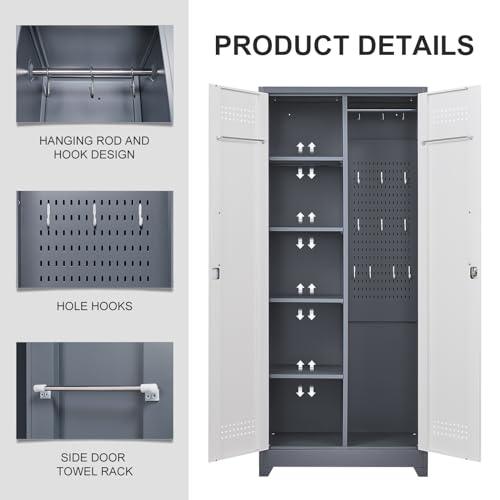 72.8"H Broom Closet, Broom Closet Storage Cabinet, Utility Closet for Brooms and Mops, Cleaning Metal Storage Cabinet with Pegboard and Hanging Rod, Metal Cabinet with Adjustable Shelves，Gray+White