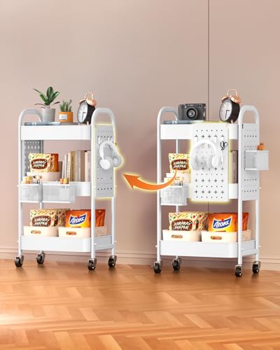 ALVOROG 3 Tier Rolling Cart with DIY Pegboards Metal Utility Cart with Wheels Handles Baskets Hooks, Storage Cart for Office Kitchen Bathroom(White)