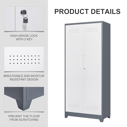 72.8"H Broom Closet, Broom Closet Storage Cabinet, Utility Closet for Brooms and Mops, Cleaning Metal Storage Cabinet with Pegboard and Hanging Rod, Metal Cabinet with Adjustable Shelves，Gray+White