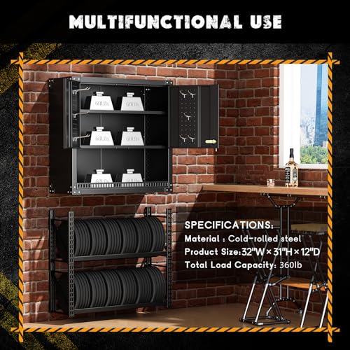 Greenvelly Metal Wall Cabinet with Locking Door, Black Wall Mounted Metal Storage Cabinet with Pegboard and Adjustable Shelf, Steel Tool Cabinet for Garage, Basement, Kitchen, Warehouse