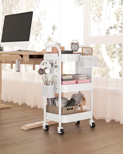 ALVOROG 3 Tier Rolling Cart with DIY Pegboards Metal Utility Cart with Wheels Handles Baskets Hooks, Storage Cart for Office Kitchen Bathroom(White)