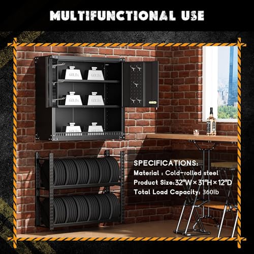 Greenvelly Metal Wall Cabinet with Pegboards, 31" H Lockable Garage Wall Cabinet with Doors and Adjustable Shelf, Metal Wall Mounted Cabinet for Garage,Home Office,Kitchen,Bathroom