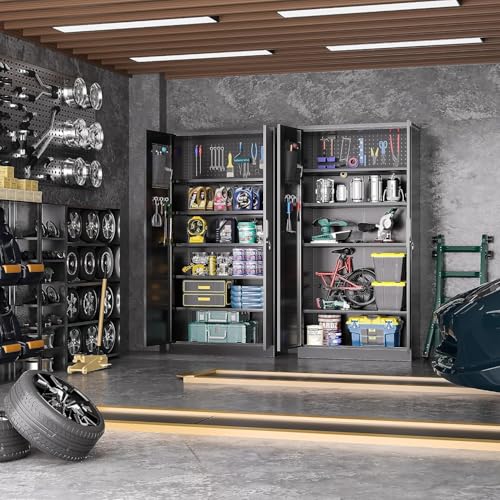 INTERGREAT Storage Cabinet, Metal Storage Cabinet with 2 Doors and 4 Movable Shelves, 72" Steel Lockable Tool Cabinets with Pegboard for Office, Home, Warehouse, Garage