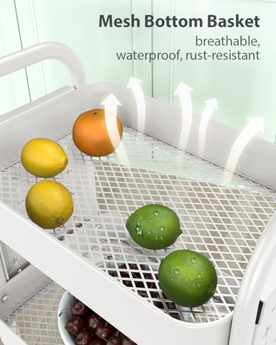 ALVOROG 3 Tier Rolling Cart with DIY Pegboards Metal Utility Cart with Wheels Handles Baskets Hooks, Storage Cart for Office Kitchen Bathroom(White)