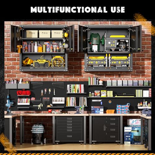 Greenvelly Metal Wall Cabinet with Locking Door, Black Wall Mounted Metal Storage Cabinet with Pegboard and Adjustable Shelf, Steel Tool Cabinet for Garage, Basement, Kitchen, Warehouse