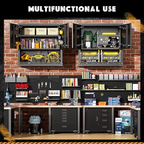 Greenvelly Metal Wall Cabinet with Pegboards, 31" H Lockable Garage Wall Cabinet with Doors and Adjustable Shelf, Metal Wall Mounted Cabinet for Garage,Home Office,Kitchen,Bathroom