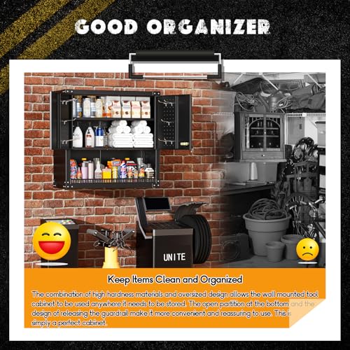 Greenvelly Metal Wall Cabinet with Locking Door, Black Wall Mounted Metal Storage Cabinet with Pegboard and Adjustable Shelf, Steel Tool Cabinet for Garage, Basement, Kitchen, Warehouse