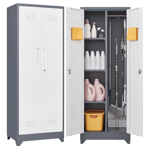SAFEFEVER 65" H Broom Closet, Broom Closet Storage Cabinet with Adjustable Shelves, Utility Closet with Pegboard and Hanging Rod, Utility Cabinet for Brooms and Mops, Broom Cabinet, Grey-White