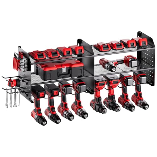 TRZZ 2-IN-1 Power Tool Organizer Wall Mount, 3-Layer Drill Holder with 2 Side Pegboards, 8 Drill holders, 4 Hooks, 1 Side Drill Bit Rack, Drill Hanger for Workshop, Garage, Tool Room, Black