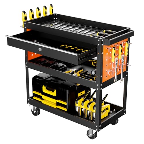 JYHNHYJ Tool Cart, 3 Tier Rolling Tool Cart Heavy Duty Tool Cart on Wheels with Pegboard Hooks and Lockable Drawer for Mechanics, Garage, Warehouse & Repair Shop, 420 LBS Capacity