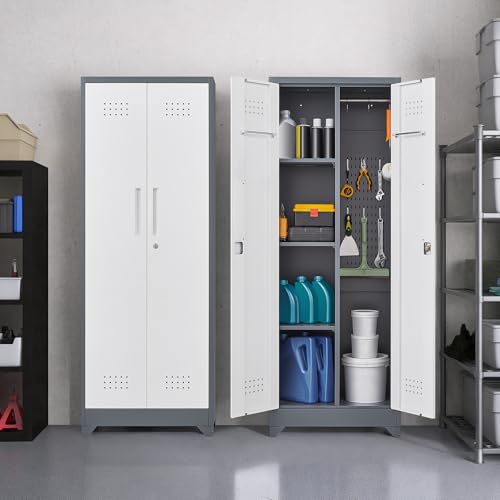 SAFEFEVER 65" H Broom Closet, Broom Closet Storage Cabinet with Adjustable Shelves, Utility Closet with Pegboard and Hanging Rod, Utility Cabinet for Brooms and Mops, Broom Cabinet, Grey-White