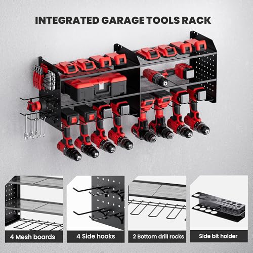 TRZZ 2-IN-1 Power Tool Organizer Wall Mount, 3-Layer Drill Holder with 2 Side Pegboards, 8 Drill holders, 4 Hooks, 1 Side Drill Bit Rack, Drill Hanger for Workshop, Garage, Tool Room, Black