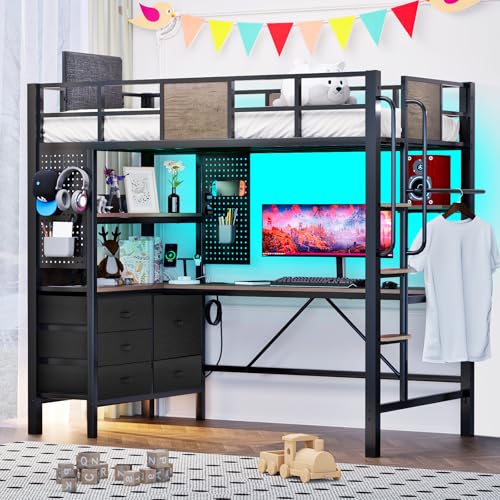 BUSYAEH Bunk Bed with Desk Loft Bed with L-Shaped Desk Underneath with RGB LED Lights, and Charging Station,Loft Bed with Drawer Cabinets and Pegboards Twin Size (Vintage Oak Gray)