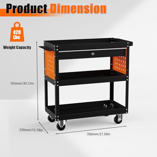 JYHNHYJ Tool Cart, 3 Tier Rolling Tool Cart Heavy Duty Tool Cart on Wheels with Pegboard Hooks and Lockable Drawer for Mechanics, Garage, Warehouse & Repair Shop, 420 LBS Capacity