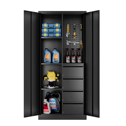 Fesbos Metal Storage Cabinet-Heavy Duty Tool Cabinet Multifunctional Steel Cabinet with Shelves&Drawers, Pegboard for Garage Home Office - Black