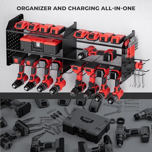 TRZZ 2-IN-1 Power Tool Organizer Wall Mount, 3-Layer Drill Holder with 2 Side Pegboards, 8 Drill holders, 4 Hooks, 1 Side Drill Bit Rack, Drill Hanger for Workshop, Garage, Tool Room, Black