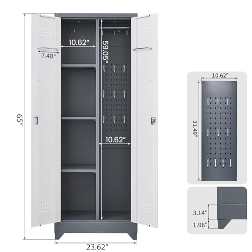 SAFEFEVER 65" H Broom Closet, Broom Closet Storage Cabinet with Adjustable Shelves, Utility Closet with Pegboard and Hanging Rod, Utility Cabinet for Brooms and Mops, Broom Cabinet, Grey-White
