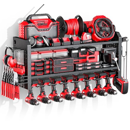 Power Tool Organizer Wall Mount, 8 Drill Organizer Wall Mount with 2 Side Pegboards, 12 Hooks, 3 Layer Storage Rack for Garage Organization, Utility Cordless Drill Holder - Black