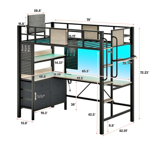 BUSYAEH Bunk Bed with Desk Loft Bed with L-Shaped Desk Underneath with RGB LED Lights, and Charging Station,Loft Bed with Drawer Cabinets and Pegboards Twin Size (Vintage Oak Gray)