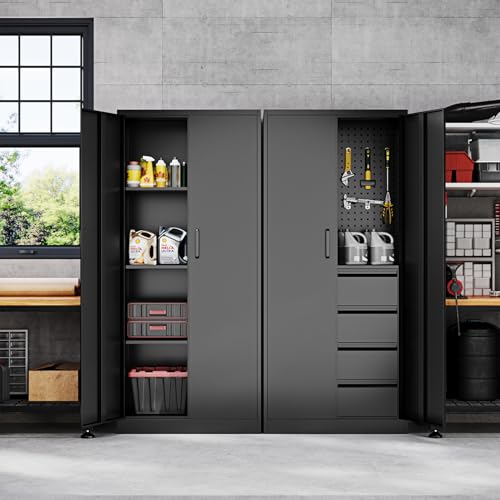 Fesbos Metal Storage Cabinet-Heavy Duty Tool Cabinet Multifunctional Steel Cabinet with Shelves&Drawers, Pegboard for Garage Home Office - Black