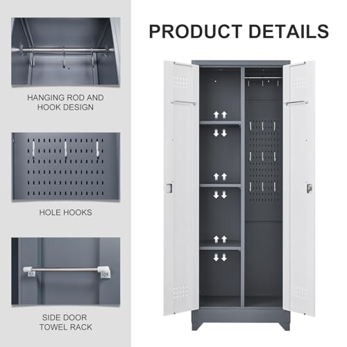 SAFEFEVER 65" H Broom Closet, Broom Closet Storage Cabinet with Adjustable Shelves, Utility Closet with Pegboard and Hanging Rod, Utility Cabinet for Brooms and Mops, Broom Cabinet, Grey-White