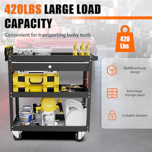 JYHNHYJ Tool Cart, 3 Tier Rolling Tool Cart Heavy Duty Tool Cart on Wheels with Pegboard Hooks and Lockable Drawer for Mechanics, Garage, Warehouse & Repair Shop, 420 LBS Capacity