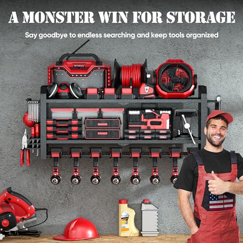 Power Tool Organizer Wall Mount, 8 Drill Organizer Wall Mount with 2 Side Pegboards, 12 Hooks, 3 Layer Storage Rack for Garage Organization, Utility Cordless Drill Holder - Black