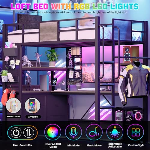 BUSYAEH Bunk Bed with Desk Loft Bed with L-Shaped Desk Underneath with RGB LED Lights, and Charging Station,Loft Bed with Drawer Cabinets and Pegboards Twin Size (Vintage Oak Gray)