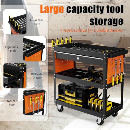JYHNHYJ Tool Cart, 3 Tier Rolling Tool Cart Heavy Duty Tool Cart on Wheels with Pegboard Hooks and Lockable Drawer for Mechanics, Garage, Warehouse & Repair Shop, 420 LBS Capacity