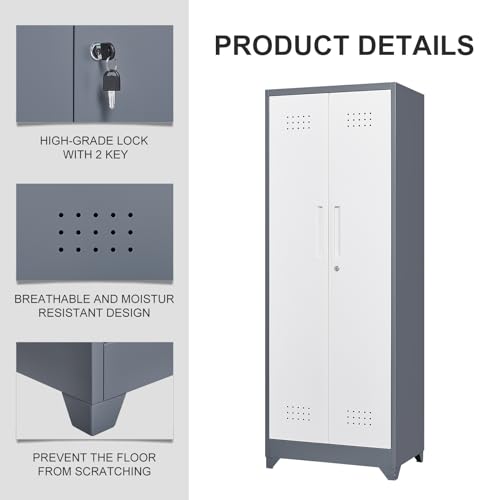 SAFEFEVER 65" H Broom Closet, Broom Closet Storage Cabinet with Adjustable Shelves, Utility Closet with Pegboard and Hanging Rod, Utility Cabinet for Brooms and Mops, Broom Cabinet, Grey-White