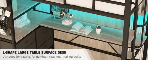BUSYAEH Bunk Bed with Desk Loft Bed with L-Shaped Desk Underneath with RGB LED Lights, and Charging Station,Loft Bed with Drawer Cabinets and Pegboards Twin Size (Vintage Oak Gray)